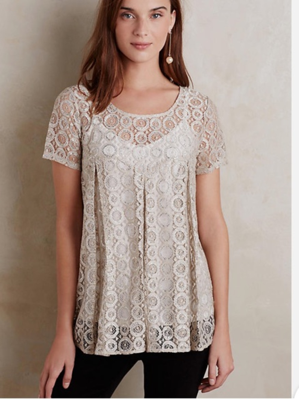 Anthropologie Lace Short Sleeve Scoop Neck Top in Cream & Silver